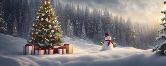 Peaceful and serene Christmas scene with a decorated Christmas tree with gifts presents and a cute