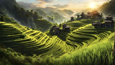 Early morning light bathes Philippines rice terraces cascading down mountain slopes, AI generated