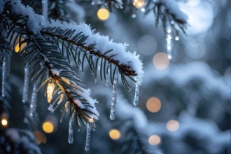 Detailed shot of frosted pine branches with twinkling fairy lights and icicles hanging, creating a