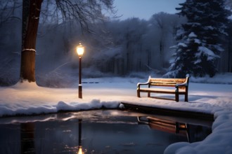 Frozen pond surrounded by snow-covered trees, with a wooden bench and lamppost nearby, softly