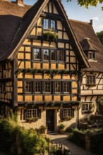 Traditional half timbered house nestled within the heart of a picturesque village in golden hour