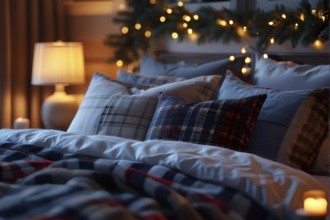 Cozy winter bedroom with flannel sheets, holiday throw pillows, with a warm glow filling the room,