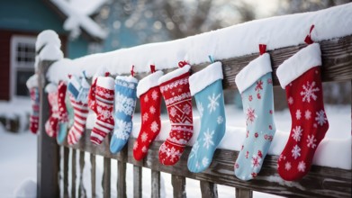 Row of Christmas stockings hanging from a snow-covered wooden fence, with delicate frost patterns