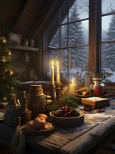 Rustic wooden table in a cabin, covered with Christmas holiday decor, AI generated