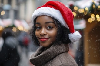 Beautiful young black woman with winter santa hat at christmas market. Generative AI, AI generated