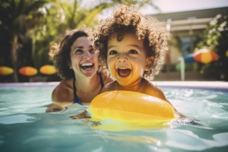 Young happy child with floating aid and mother in swimming pool. KI generiert, generiert AI