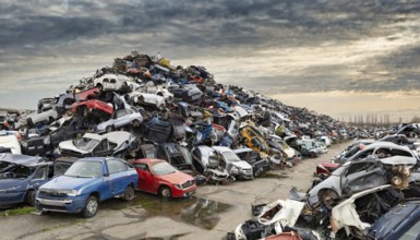 Symbolism, large junkyard with wrecked cars, scrap cars, scrap metal, AI-generated, AI-generated,