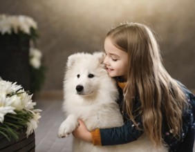 A girl with long hair cuddles up to a white dog next to white flowers and soft lighting, dog puppy,