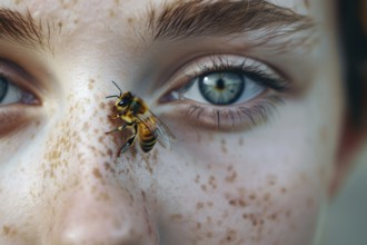 Close up of bee sitting on woman's face. KI generiert, generiert, AI generated