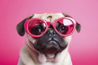 Funny pug dog with large pink sunglasses in front of studio background. KI generiert, generiert, AI