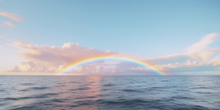 Beuatiful ocean scene with rainbow in blue sky. KI generiert, generiert, AI generated