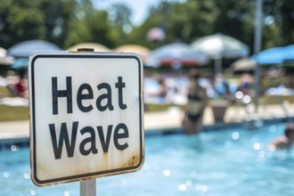 Sign with text 'Heat wave' in front of blurry public swimming pool with people. KI generiert,