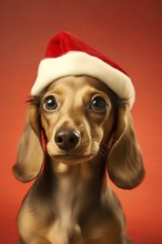 Cute brown Dachshund dog with Christmas santa hat on red background. KI generiert, generiert, AI