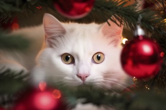 White cat hiding in Christmas tree with red baubles. KI generiert, generiert, AI generated