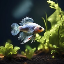 Single betta fish swimming gracefully in a minimalist nano tank encircled by delicate aquatic