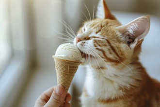 Cat being fed ice cream in cone. KI generiert, generiert, AI generated