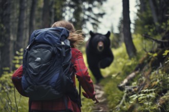 Life-threatening situation. A female hiker encounters a full-grown black bear in the forest, which