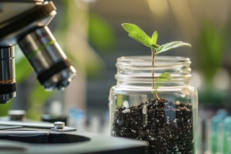 Plant seedling in research lab with microscope. Concept for biotechnology and genetic modification.