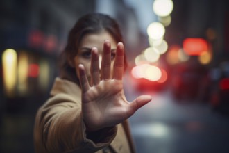 Woman holding up hand and making stop sign in street at night. Assualt concept. KI generiert,