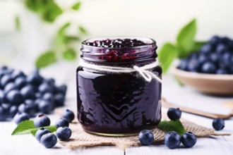 Jar with blueberry fruit jam or marmelade. KI generiert, generiert AI generated