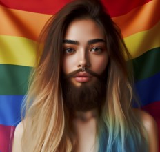 A person with a beard with male and female characteristics in front of the rainbow flag, symbol