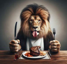 A male lion, a maned lion, sits hungrily with knife and fork in front of a steak, AI generated, AI