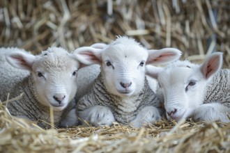 Cute young lambs in hay. KI generiert, generiert, AI generated