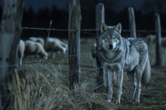 A wolf stands at a pasture fence at night and observes a grazing flock of sheep, symbolic image for