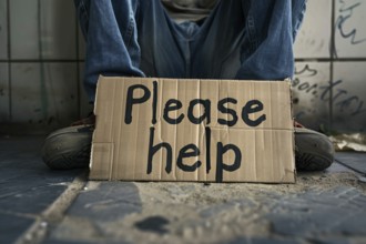 Cardboard sign with text 'Please help' and homeless beggar in background. KI generiert, generiert,