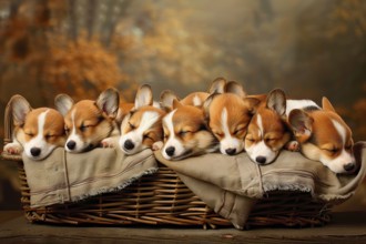 Litter of Cardigan Welsh corgis sleeping in a wicker basket, AI generated