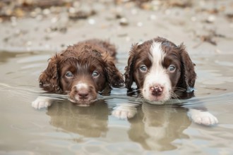 Two cute Portuguese waterdog pups in the water, AI generated