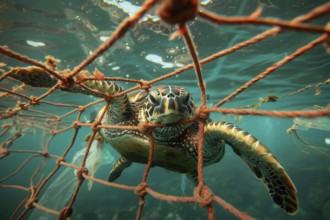 A sea turtle, hawksbill turtle caught in a fishing net, symbolic image for endangered species,