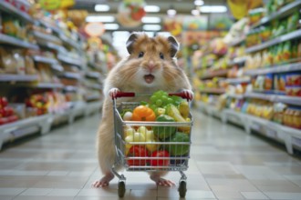 A humanised field hamster in a supermarket pushes a full shopping trolley through the aisles,