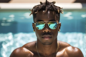 Portrait of a young man with modern vibrant sunglasses with sandy beach in background, AI generated