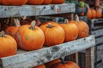 Many orange pumpkins on wooden racks at market. Generative Ai, AI generated