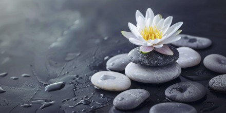 Zen stacking stones piled in balanced with white lotus flower on top. Generative Ai, AI generated