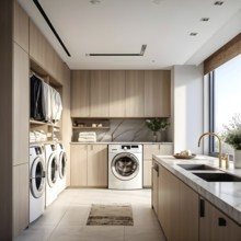 Real estate laundry room with modern stackable washer and dryer, AI generated