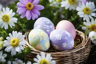 Pastel-colored Easter eggs in a wicker basket, surrounded by delicate spring flower, AI generated