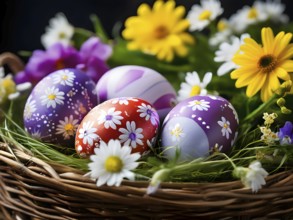 Vibrant-colored Easter eggs in a wicker basket, surrounded by delicate spring flowers, AI generated