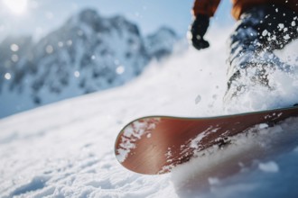 Person on orange snowboard in snow on mountain. Generative Ai, AI generated