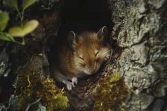 Cute small brown mouse sleeping in tree. Generative AI, AI generated