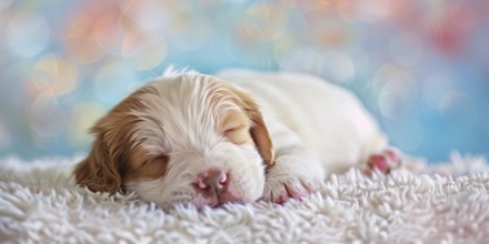 Cute young dog puppy sleeping on white blanket. Generative AI, AI generated