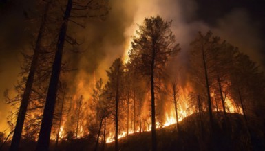 Forest, forest fire, coniferous forest on fire, AI generated, AI generated