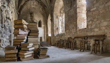 Lots of old books in a dilapidated monastery, antiquarian bookshop, AI-generated, AI-generated, AI