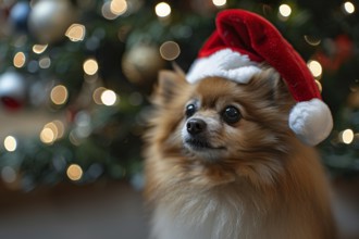 Cute small Pomeranian dog with red santa hat in front of blurry christmas tree Generative Ai, AI