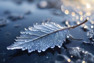 Delicate leaf resting on the surface of a frozen puddle, with intricate ice crystals forming