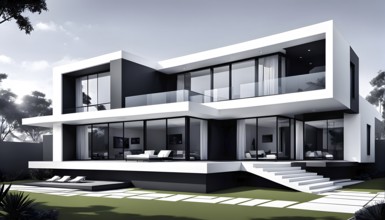 Rendering of a modern real estate residential house in clean geometric forms in black and white, AI