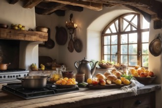 Rustic kitchen interior with exposed wooden beams, a farmhouse sink, and a table set with freshly