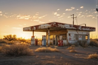 Abandoned retro gas station in the middle of a desert at sundown, with rusted gas pumps and an old