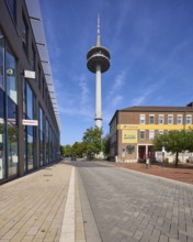 Poppelbaumstraße with Deutsche Post AG, post office and television tower in Wesel, Lower Rhine,